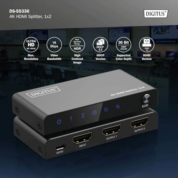 DIGITUS DS-55336 HDMI Splitter 1x2 – UHD 4K/60 Hz, HDR, HDCP 2.2, Deep Color - Schwarz – Bild 4