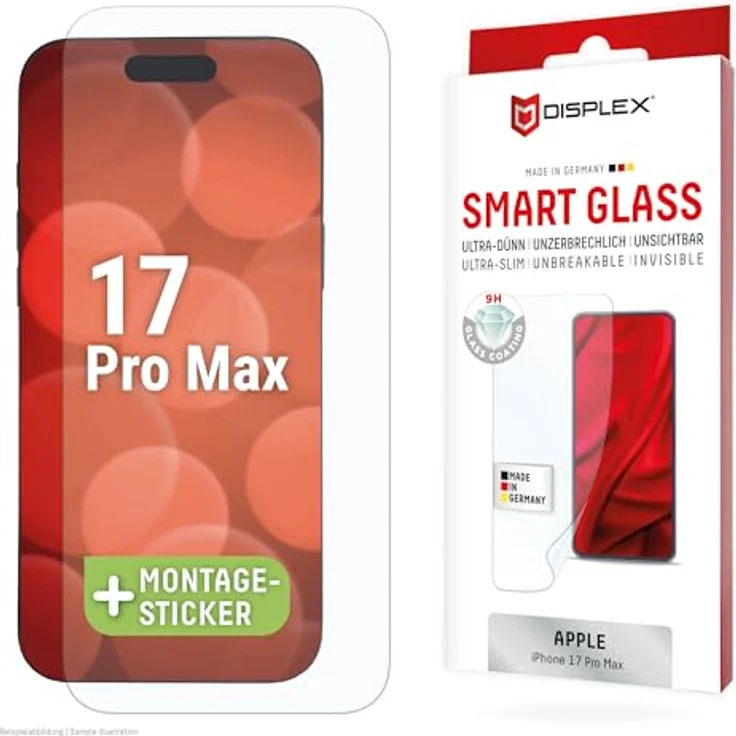 Displex Smart Glass (9H) für iPhone 17 Pro Max, unzerbrechlicher Displayschutz, ultra-dünn, unsichtbar, einfache Montage mit EASY-ON Sticker – Bild 1