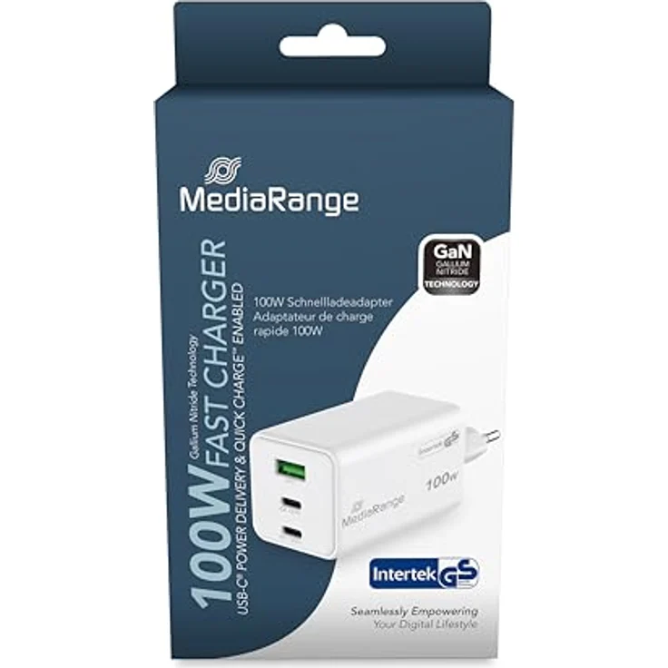 MediaRange 100W GaN Schnellladeadapter (EU-Stecker), 2x USB-C und 1x USB-A, unterstützt Power Delivery 3.0 und Quick Charge™, Weiß – Bild 2