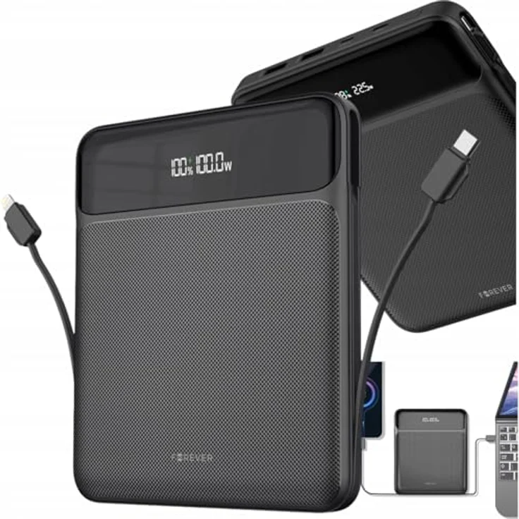 FOREVER Laptop Powerbank 20000mAh 100W Schwarz – USB C Powerbank mit integriertem Lightning Kabel, 5 Ladeanschlüssen, Schnellladefunktion für Laptop & Smartphone, kompaktes Design mit LED-Display – Bild 1