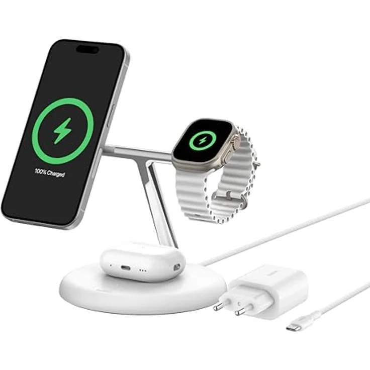 Belkin kabellose 3-in-1-Ladestation mit MagSafe-kompatiblem Qi2, 15 W, Wireless Charger - Weiß, inkl. Netzteil – Bild 1