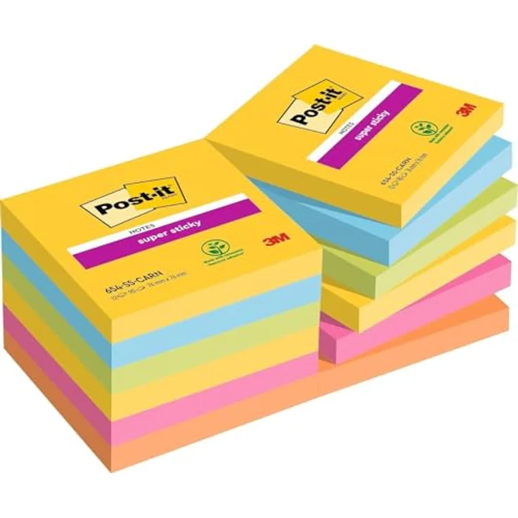 Post-it Notes Super Sticky Haftnotizblock, 76x76mm, 90 Blatt, 12 Stück, ultragelb, paradiseblau, limonengrün, powerpink, vitalorange