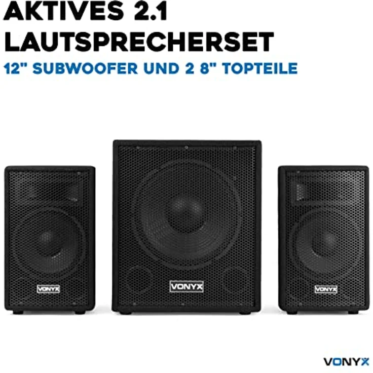 Vonyx VX0812BT, PA Anlage Komplettset mit aktivem Subwoofer, 2 passiven 8 Zoll Hochtönern, 800 Watt, Bluetooth, MP3 Player, USB, SD, Mikrofonanschluss, inkl. Boxenständer, mobiles DJ System – Bild 2