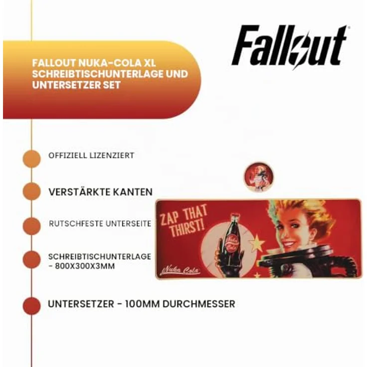 Fanattik Gaming Mauspad Fallout, Schreibtischunterlage mit Untersetzer Nuka-Cola, 80 x 30 cm – Bild 9