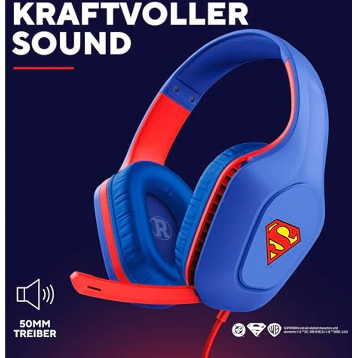 Trust Gaming GXTrust 415SM Zirox Superman Gaming Headset, multiplattformkompatibel mit 50mm Treiber, 2m Kabel, 3,5mm Audioanschluss, Over-Ear Design, Blau/Rot – Bild 4