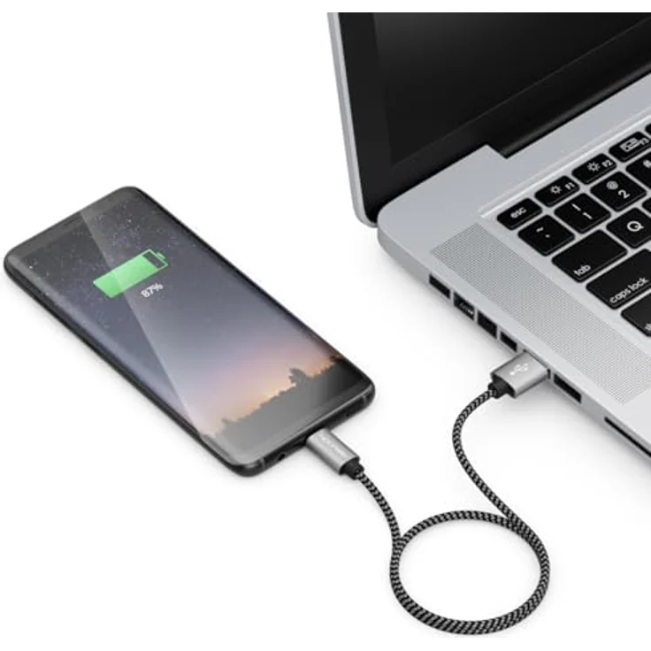 deleyCON 0,30m Nylon USB-C Kabel 30cm Schwarz Kurz Ladekabel Metallstecker Laden & Synchronisieren von Handy & Smartphone – Bild 4
