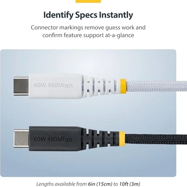 StarTech.com 30 cm USB-C Ladekabel, 60W (3A) PD, geflochtener Nylon-TPE Mantel, robustes USB 2.0 Schnellladekabel, Weiß – Bild 5