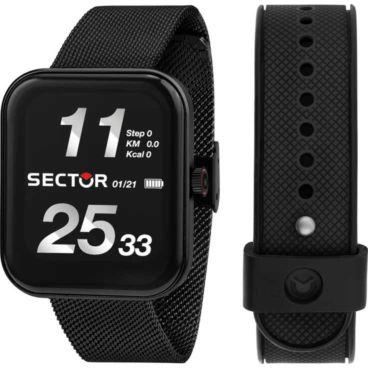 Sector S-03 PRO LIGHT R3251171003, Smartwatch mit Bluetooth, Health- und Fitness-Tracking, schwarzes Aluminium-Gehäuse, Milanaise-Armband, wasserdicht bis 3 bar