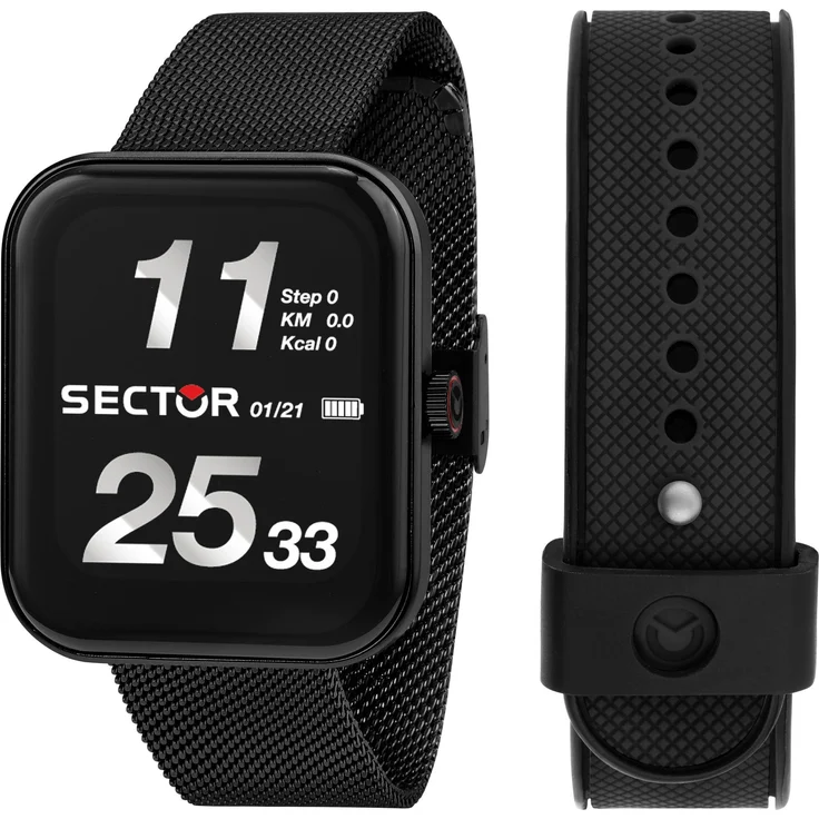 Sector S-03 PRO LIGHT R3251171003, Smartwatch mit Bluetooth, Health- und Fitness-Tracking, schwarzes Aluminium-Gehäuse, Milanaise-Armband, wasserdicht bis 3 bar