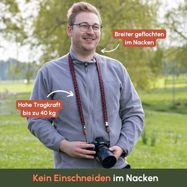 C-Rope Kameragurt THE TRAVELER handgeflochten aus Paracord, Schultergurt mit Schnellverschluss, 140cm, Schwarz-Rot – Bild 2