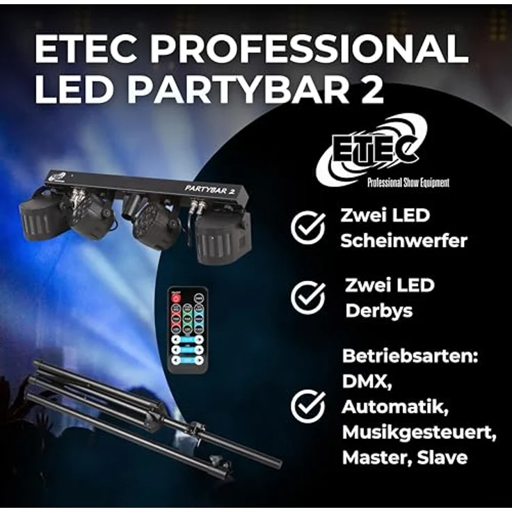 ETEC Professional LED PARTYBAR 2, Komplettset mit 2x PAR Scheinwerfer & 2x Derby Effekt, inkl. Stativ & Fernbedienung, musikgesteuertes Disco Licht für DJ, Party & Bühne – Bild 3