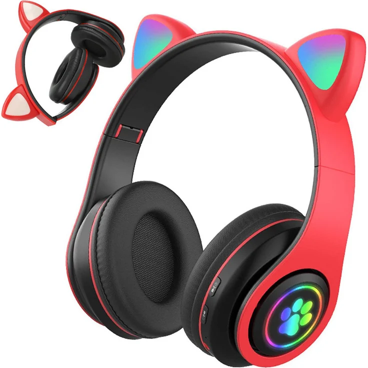 VerkGroup Drahtlose Bluetooth Kopfhörer mit Katzenohren, faltbar, rot, FM-Radio, MP3, LED-Hintergrundbeleuchtung