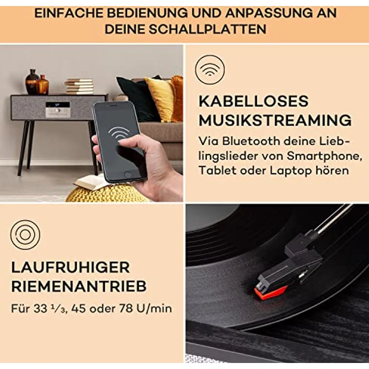 Auna Plattenspieler für Schallplatten mit Bluetooth, DAB+/FM Radio & CD-Player, Stereo-Lautsprecher, Moderner Plattenspieler mit Beinen – Bild 4