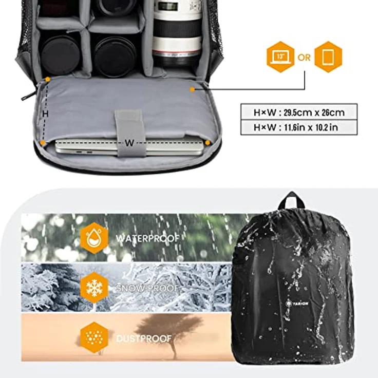 TARION TB-S Kamerarucksack, kleiner Fotorucksack mit großem Fassungsvermögen für Spiegelreflexkameras, wasserabweisend, 12 Liter, Schwarz – Bild 5