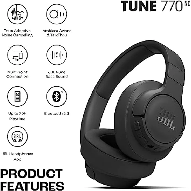 JBL Tune 770NC Adaptive Noise Cancelling Wireless Over-Ear-Kopfhörer, Pure Bass Sound, Smart Ambient, Bluetooth 5.3, Le Audio, VoiceAware, 70H Akku, Multi-Point Connect - Schwarz, JBLT770NCBLK – Bild 2