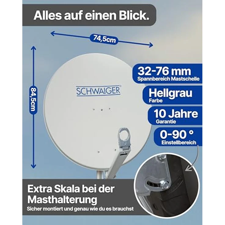 SCHWAIGER Satellitenschüssel Ø 80 cm Aluminium Offset Antenne, hellgrau, Multifeed geeignet, wetterfest, maximale Empfangsleistung 38,5 dB – Bild 5