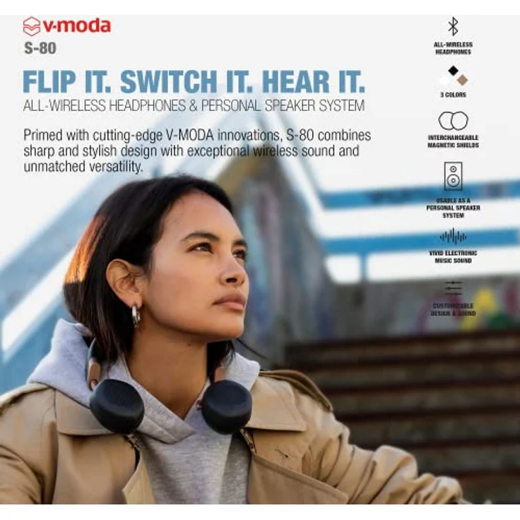 V-MODA S-80 KABELLOSER KOPFHÖRER UND Lautsprecher-System. Schlankes und stylisches Design. Personalisiere deinen S-80 mit austauschbaren magnetischen Abdeckungen (Schwarz) – Bild 2