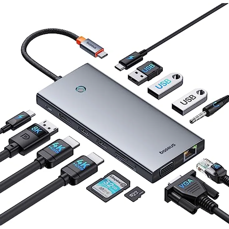 Baseus USB C Docking Station 3 Monitore, 13-in-1 USB C Hub mit 2 HDMI 4K@60Hz, DisplayPort 4K@120Hz, VGA, USB 3.1 10 Gbps Datenübertragung, PD 100W und Ethernet für Dell/HP/Lenovo/Surface Laptop in Silber