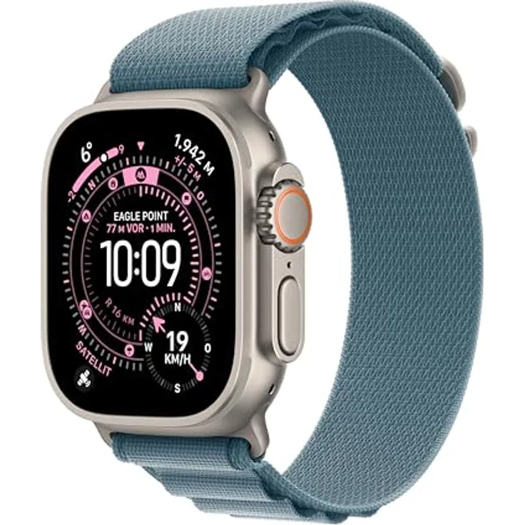 Apple Watch Ultra 3 GPS + Cellular, 49mm, Titangehäuse Silber, Alpine Loop Hellblau - S