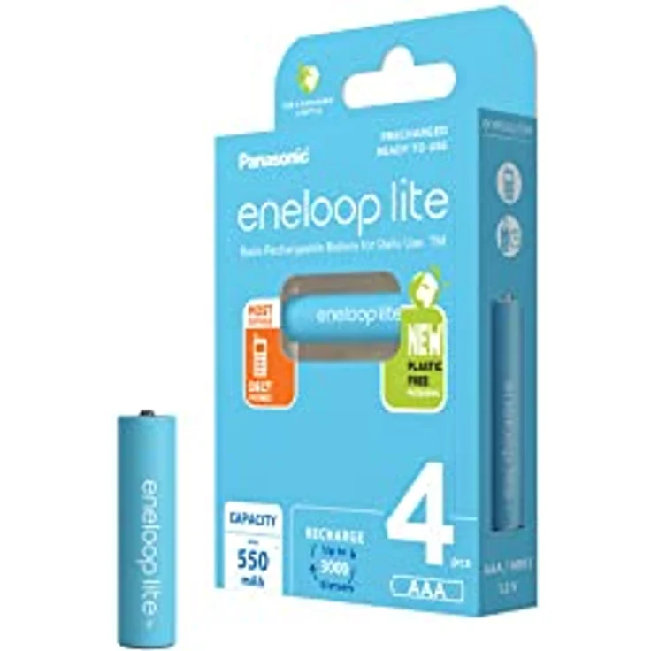 Panasonic eneloop lite, AAA/Micro wiederaufladbare Akkus, Ready-to-Use, 4er-Pack, min. 550 mAh, 3000 Ladezyklen mit geringer Selbstentladung, plastikfreier Verpackung, Ni-MH Akku – Bild 1