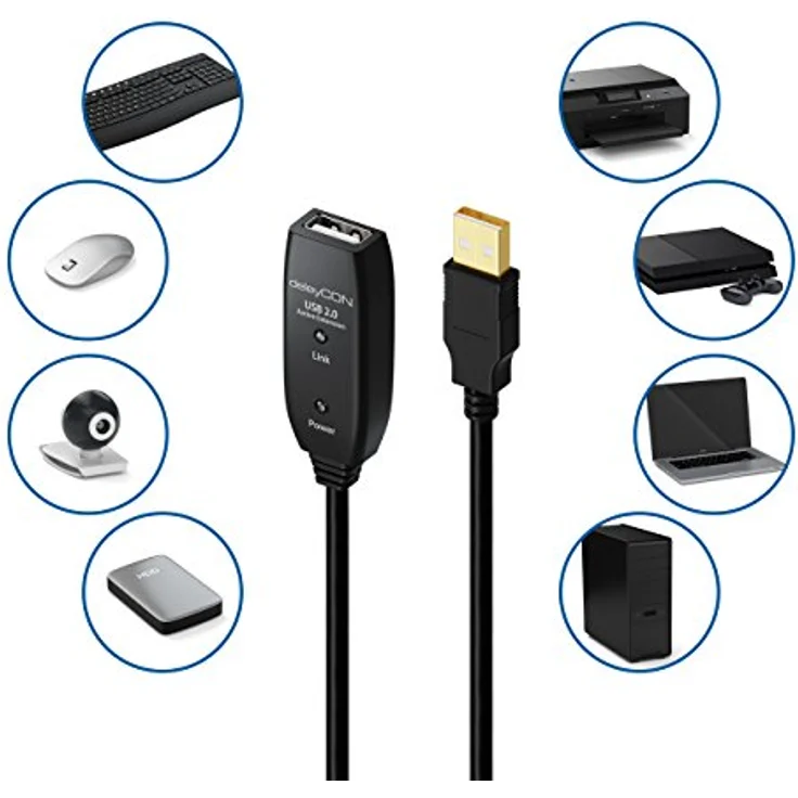 deleyCON 10m USB 2.0 Verlängerungkabel Repeater-Kabel Aktiv - Schwarz, Signalverstärker, Plug & Play – Bild 5