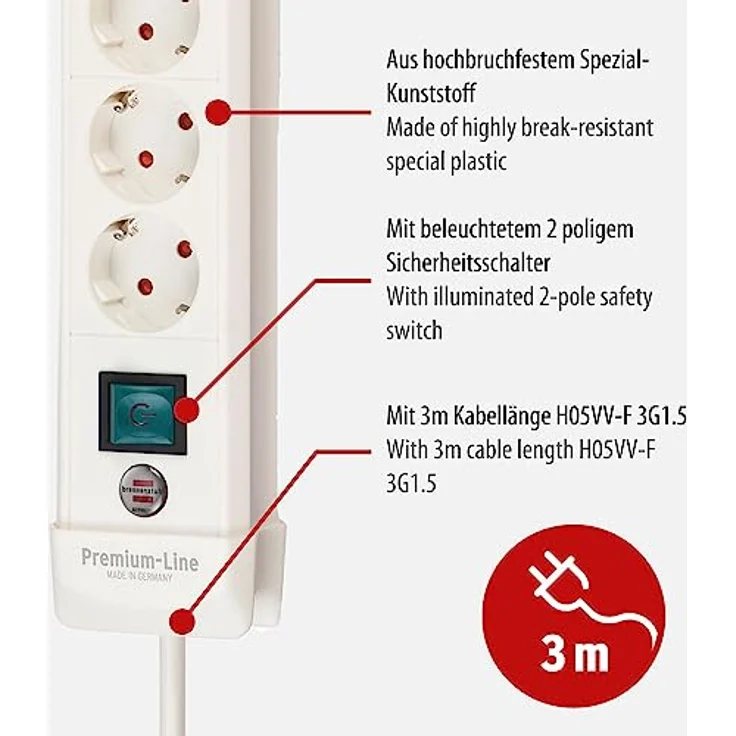 Brennenstuhl Premium-Line, Steckdosenleiste 10-fach (Steckerleiste mit Schalter und 3m Kabel - 45° Winkel der Schutzkontakt-Steckdosen, Made in Germany) weiß – Bild 3