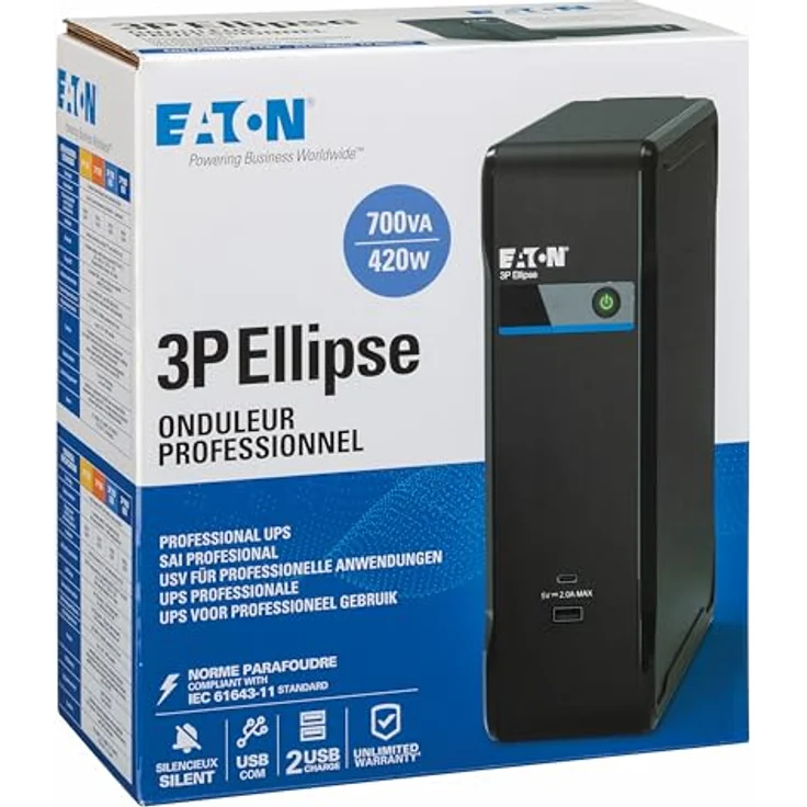 Eaton Ellipse 3P700UD, Unterbrechungsfreie Stromversorgung mit 700 VA, 420 W, 4 AC Steckdosen, kompakte Bauweise, USB-Anschluss, Online-Doppelwandler-Technologie – Bild 7