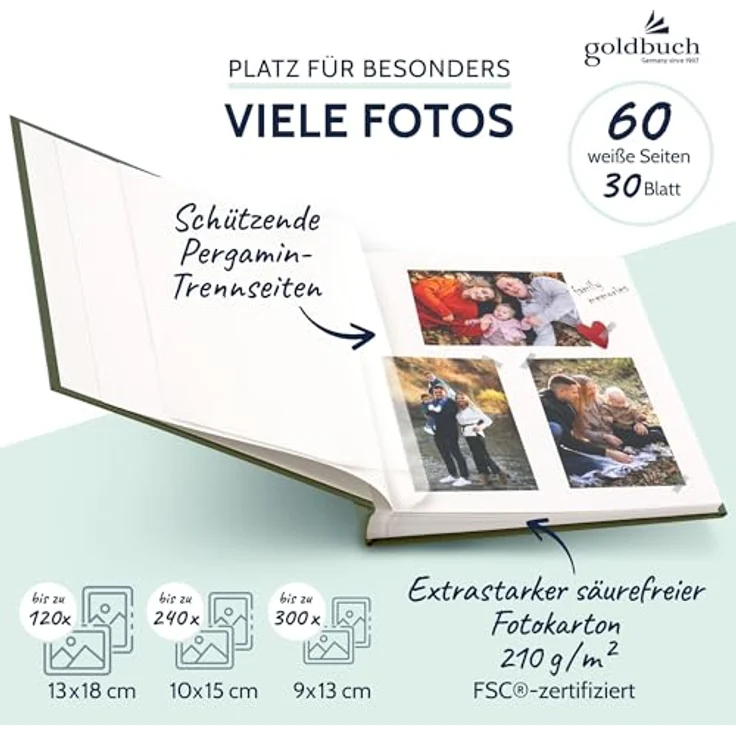 goldbuch Bella Vista 27 309 Fotoalbum, Erinnerungsalbum im Format 30 x 31 cm, 60 weiße Seiten, Pergamin-Trennblätter, Leineneinband in Grün mit Bildausschnitt Artischocke – Bild 4