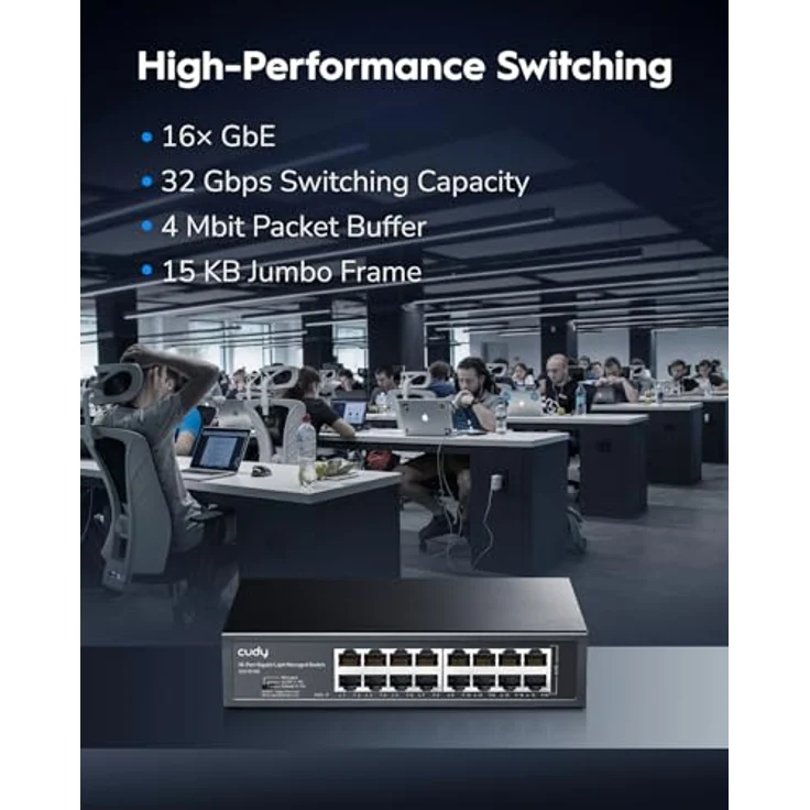 Cudy GS1016E, 16 Port Light Smart Managed Gigabit Switch, Rackmontierbares Stahlgehäuse, QoS, VLAN, IGMP, Plug & Play – Bild 2