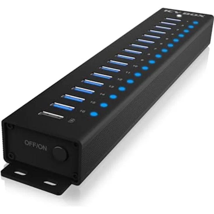 ICY BOX USB HUB (17 Ports) 16x USB & 1x USB Laden, USB 3.2 Gen 1 (5 Gbit/s pro Port), mit 96W Netzteil, USB-A, Aluminium, IB-HUB1717-U3