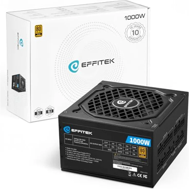 EFFITEK Gold Series 1000W Netzteil, 80 Plus Gold, ATX 3.1 & PCIe 5.1 kompatibel, vollmodular, geräuscharm, Japan 105°C Kondensator, aktives PFC, Premium 16AWG Kabel – Bild 1