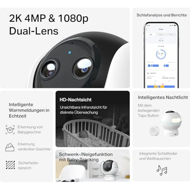 TP-Link Tapo C840 BabyCam, Netzwerkkamera mit Doppellinse, 2560 x 1440 Pixels, Bewegungserkennung, Schlafanalyse, Nachtlicht, Smart-Home-kompatibel, Weiss – Bild 4