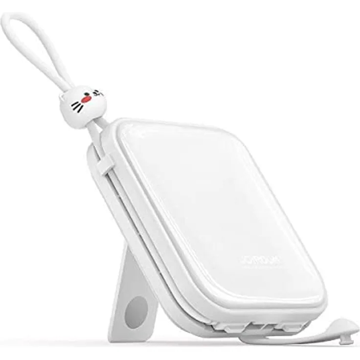 COFI 1453 Joyroom Powerbank mit USB-C- und iPhone Kabel und Ständer Cutie Series 10000mAh 22,5W (JR-L008) Weiß - Schnellladefunktion, 3 Ausgänge, integrierter Ständer