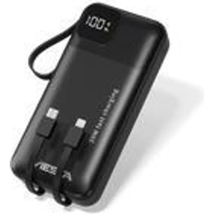 VIESTA® Powerbank 20.000 mAh Schwarz – 22,5W Schnellladen, integrierte USB-C & Lightning Kabel, LCD-Display, LED-Taschenlampe