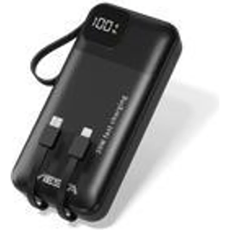 VIESTA® Powerbank 20.000 mAh Schwarz – 22,5W Schnellladen, integrierte USB-C & Lightning Kabel, LCD-Display, LED-Taschenlampe