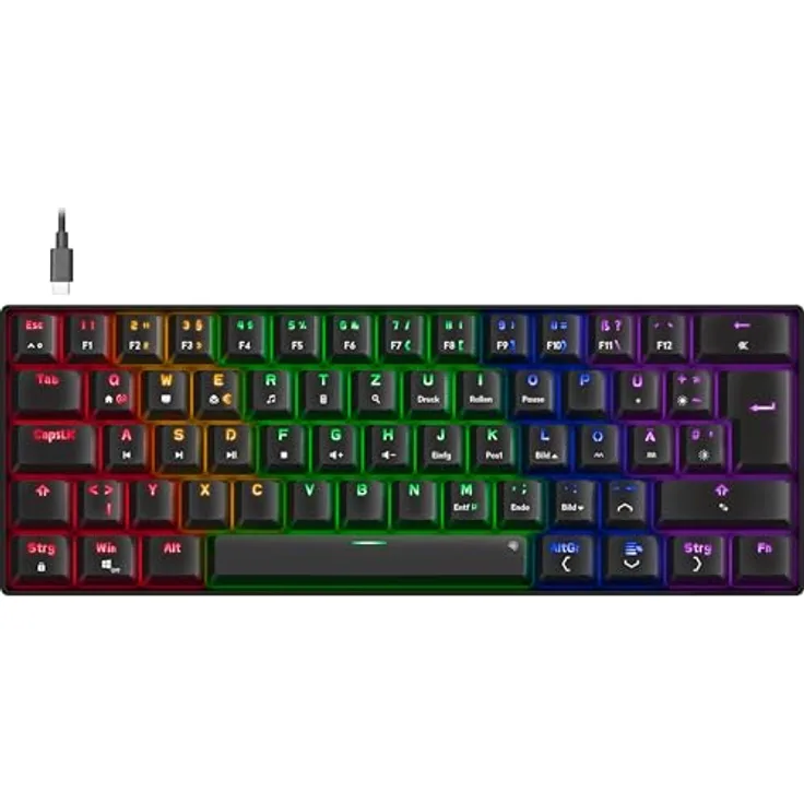 Speedlink Atmos RGB Gaming Tastatur 60%, mechanisch mit Brown Switches, abnehmbares USB-C Kabel, Hintergrundbeleuchtung, Deutsches Layout QWERTZ, schwarz