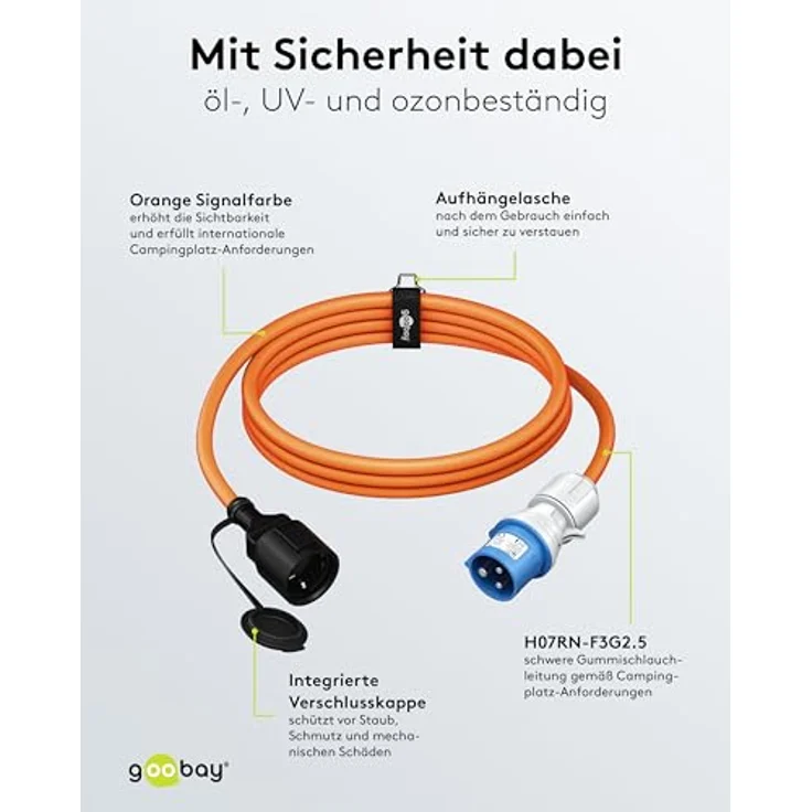 goobay EEC Caravan Adapterkabel 1,5 m, CEE-Stecker auf Buchse mit Schutzkontakt, IP44 für Außeneinsatz, orange – Bild 4