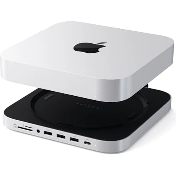 SATECHI Mac Mini Hub & Ständer mit SSD-Gehäuse Silber für NVME & SATA M.2, USB C 10 Gbit/s, 3 USB A 5/10 Gbit/s, 2.0 Audio-Buchse, für Mac Mini M2/M1, Mac Studio
