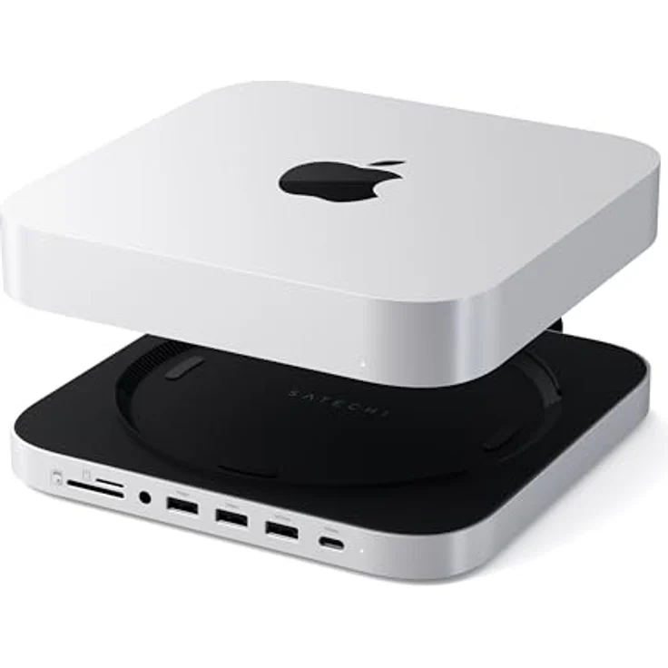 SATECHI Mac Mini Hub & Ständer mit SSD-Gehäuse Silber für NVME & SATA M.2, USB C 10 Gbit/s, 3 USB A 5/10 Gbit/s, 2.0 Audio-Buchse, für Mac Mini M2/M1, Mac Studio – Bild 1