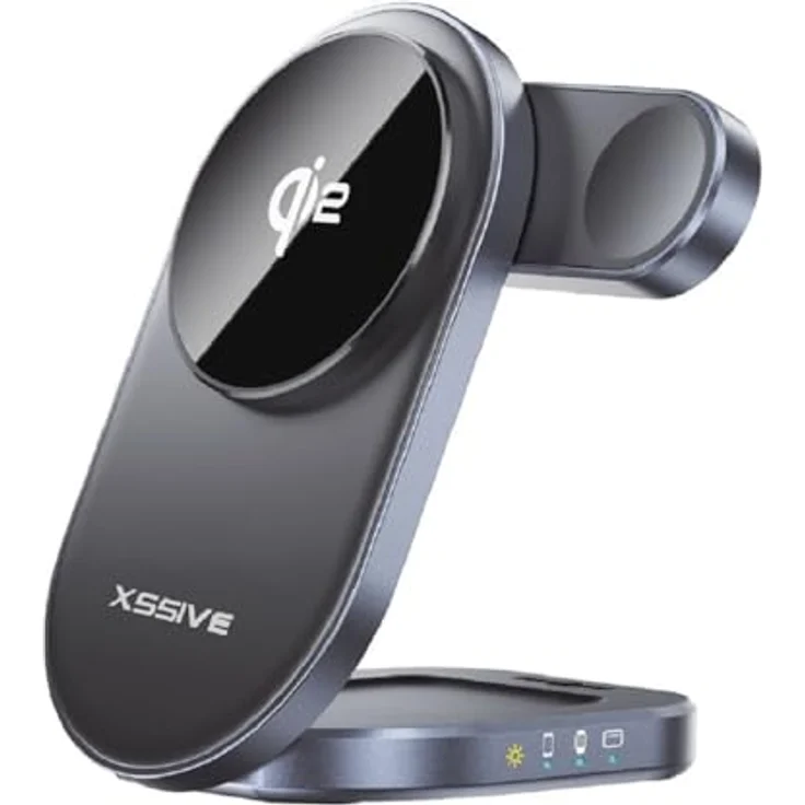 Xssive XSS-STAND14, 3in1 Magnetisches Wireless Ladegerät für iPhone, Apple Watch und AirPods, 15W Schnellladung, Qi2-zertifiziert, ultraschlank und faltbar – Bild 1
