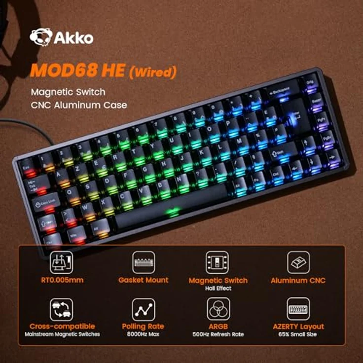 Akko MOD68 HE 8K Rapid-Trigger-Tastatur, CNC-gefrästes Aluminium, 65% ISO-FR AZERTY-Layout, RT 0,005 mm, schwarze transparente Cherry-Profil-Tastenkappen, AstroAim Magnetschalter – Bild 2