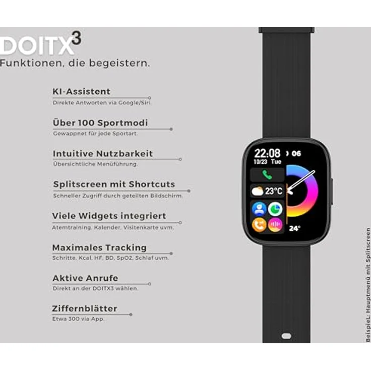 Levowatch DOITX3 Herren Smartwatch, 2.1" AMOLED Always-On Display, 3 Armbänder, BT5.3, Fitness Tracker Uhr, wasserdicht - Schwarz/Nylon/Edelstahl – Bild 4