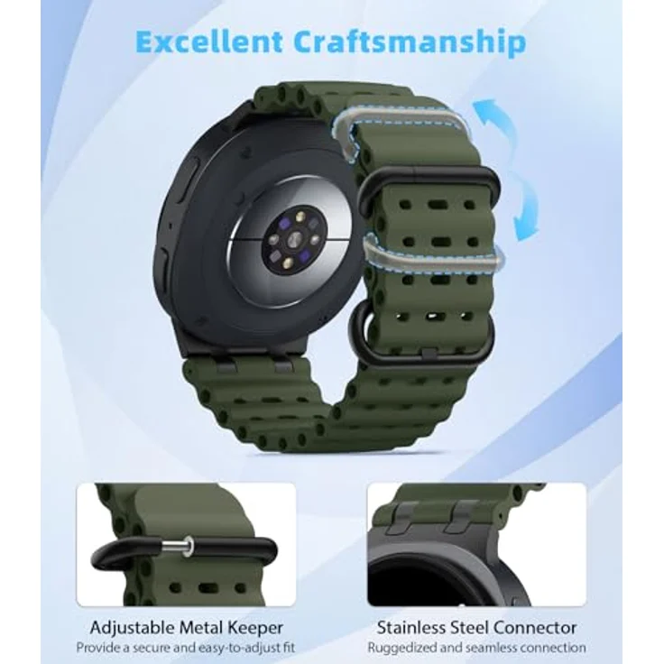 MoKo Ocean Armband für Samsung Galaxy Watch 8 (40mm, 44mm) und Galaxy Watch 8 Classic (46mm), Atmungsaktives Silikon mit Metallverbindern, Schwarz/Armeegrün – Bild 4