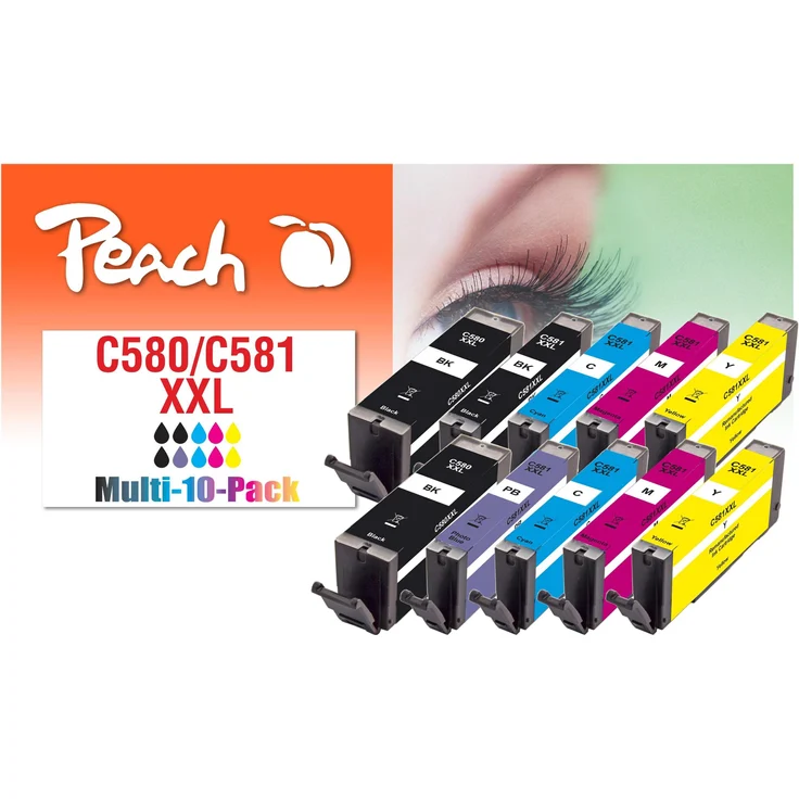 Peach Druckerpatrone 580XXL/581XXL Multi10Pack, kompatibel (M, C, Y, BK) mit neuem Chip und Tintenstanddetektor