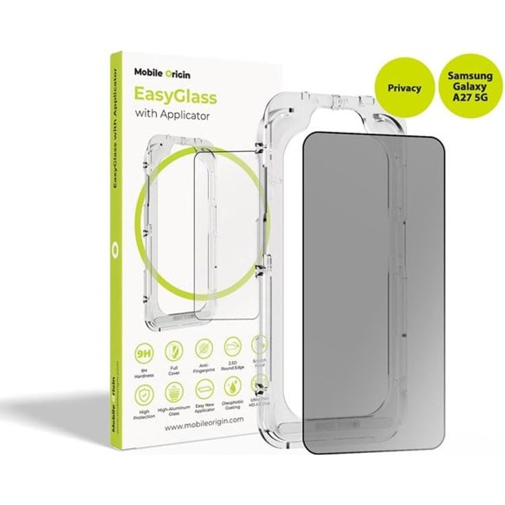 Mobile Origin EasyGlass Privacy mit Applikator für Samsung Galaxy A27 5G, 9H-Härte, wasserabweisend, kratzfest, blasenfreie Installation