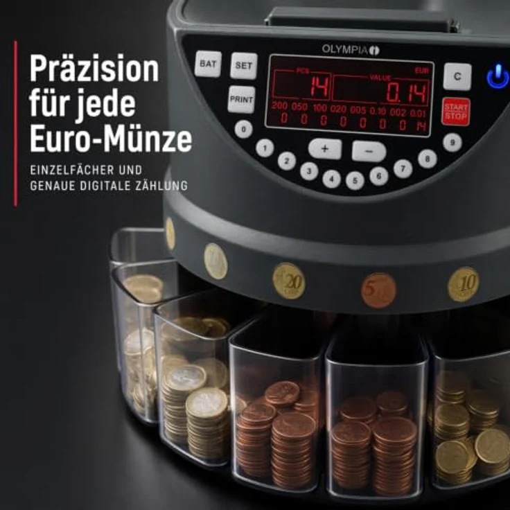 OLYMPIA Münzzähl- und Sortiermaschine CC 300, 600 Münzen in EUR, bis zu 270 Münzen pro Minute, LED-Display und Kundendisplay – Bild 4