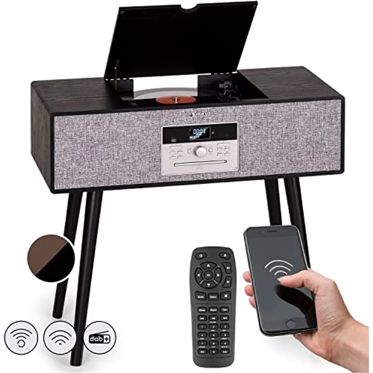 Auna Plattenspieler für Schallplatten mit Bluetooth, DAB+/FM Radio & CD-Player, Stereo-Lautsprecher, Moderner Plattenspieler mit Beinen – Bild 1