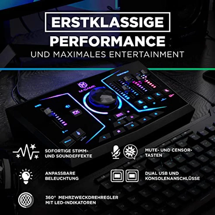 M-GAME RGB DUAL USB Audio Interface Mischpult für Streaming und Gaming mit XLR-Mikrofoneingang, optischem Eingang, Voice FX, RGB-Lichtern & Software, RGB Dual - Schwarz – Bild 3