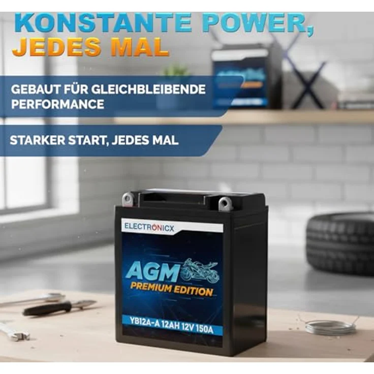 Electronicx AGM Motorradbatterie YB12A-A, 12Ah 12V, wartungsfrei, auslaufsicher, vibrationsfest für Motorrad, Roller, Quad, Jetski – Bild 4
