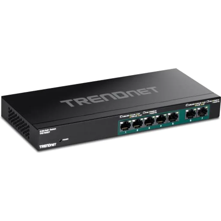 TRENDnet TPE-TG327 7-Port-Multi-Gig-PoE+-Switch, 5 x 1G RJ-45 PoE+ Base-T-Ports, 2 x 2,5G RJ-45 PoE+-Ports, 20 Gbit/s Schaltkapazität, Netzwerk-Ethernet-Switch – Bild 1